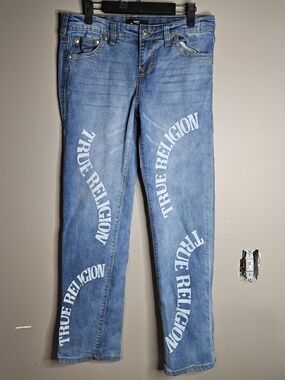 True Religion Blue Logo Straight Jeans. Waist 26" And Inseam Is 27"